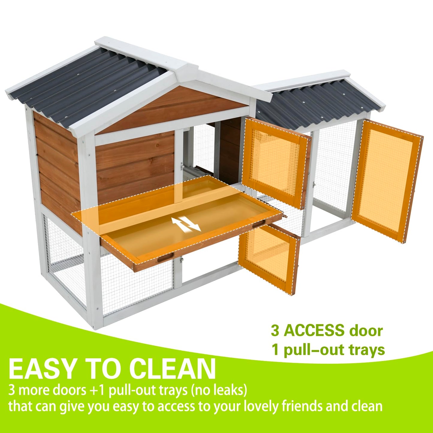 YOPTO 58" Rabbit Cage W/Ramp,Waterproof Rabbit Hutch W/Removable Tray,Wooden Bunny Cage Indoor W/Three Doors & Sloped Roof,Poultry Cage for Small to Medium Pets,Orange-Yellow+White