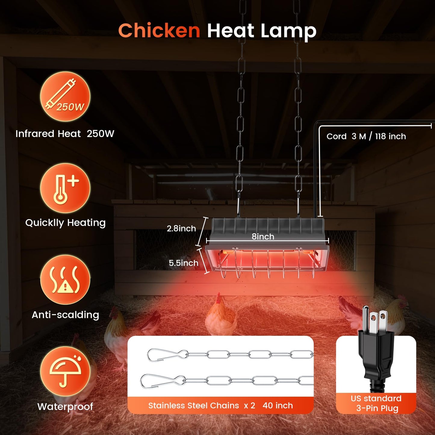 Chicken Coop Heating Lamp, 250W Brooder Heater for Chicks 13.12ft Cord UL Passed Heating Plate & Heat Lamp with Adjustable Hanging Height for Livestock Supplies Indoor Warmer