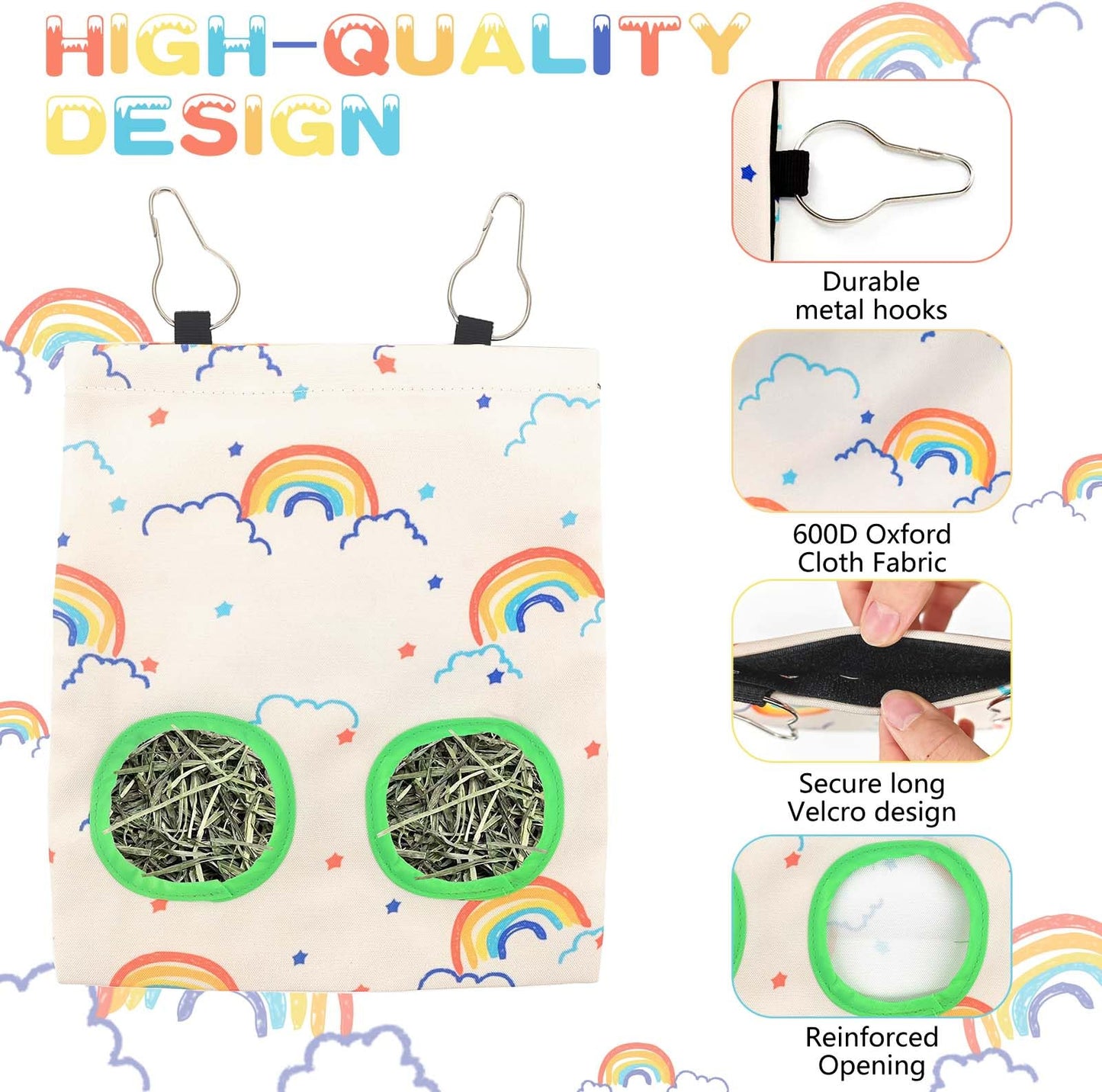 2Pcs Hay Bag for Rabbits - 2 Holes 9×11.5 Inch Colorful Rainbow Guinea Pig Hanging Hay Feeder Bags Washable Bunny Hay Bag Storage Dispenser for Guinea Pig Chinchilla Hamster Bunny Small Animal Pet