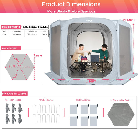 Porayhut Pop up Screen House Tent Sun Shelter with Breathable Mesh Doors,Portable Camping Tent with Detachable Waterproof Floor,10x10FT Screen Canopy Outdoor for Family Friends Party in Backyard,Park
