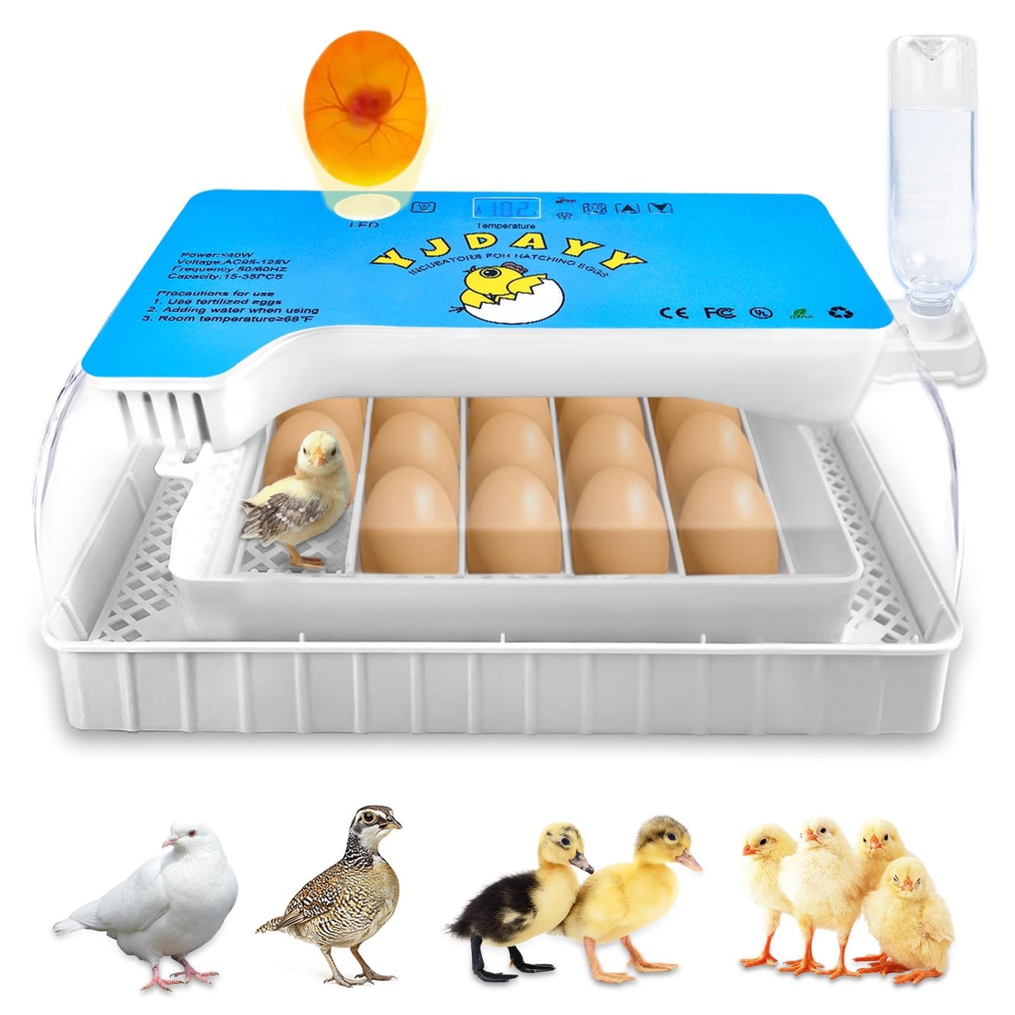 Incubators for Hatching Eggs 15-35 Eggs Incubator with Automatic Egg Turning and ℉Temperature Display LED Candler Poultry Incubator for Hatching Chicken Duck and Quail Incubator (Blue)
