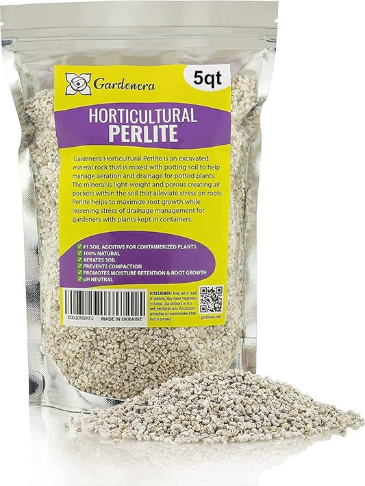 Gardenera Organic Perlite — Medium/Fine Grade (5qt) Horticultural Soil Amendment for Indoor & Outdoor Container Plants for Drainage Management and Enhanced Growth