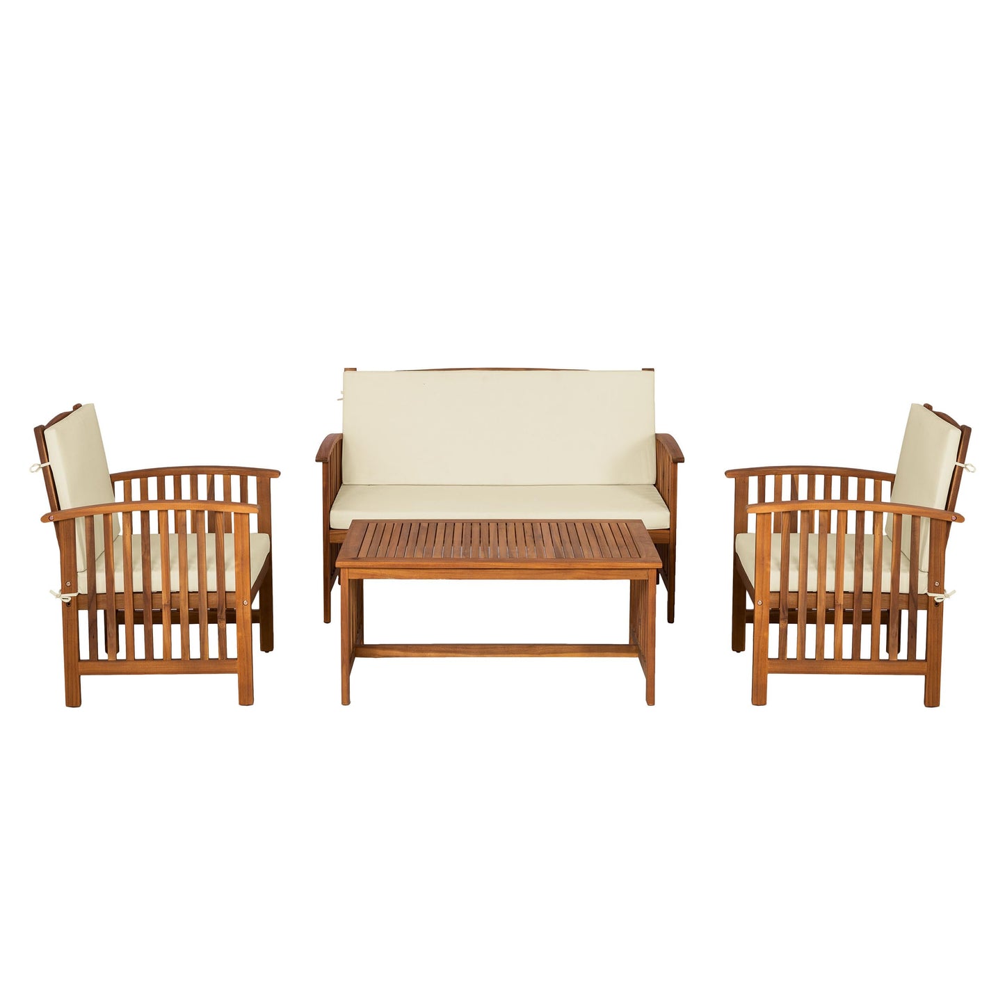 Greemotion Kyushu Farmhouse Acacia Wood 4-Piece Patio Set with Weather-Resistant, Include Tie-Back Cushions for Deck, Backyard, Lawn, Garden, Beige and Natural Brown