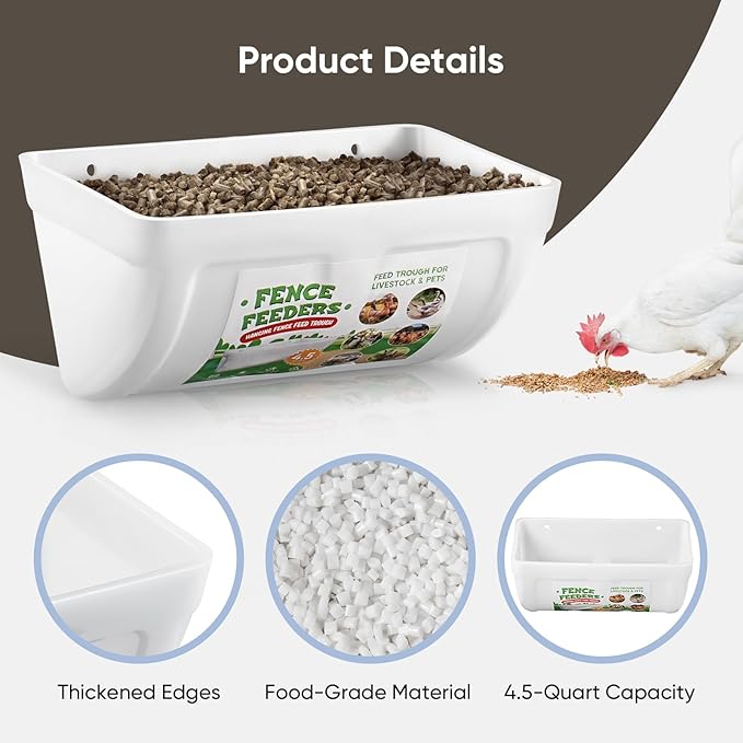 4 Pack Chicken Feeders, 4.5 Quart Goat Hanging Fence Feeders, with Hooks, Screws, & Chicken Coop Treat Bag, Livestock Feeders Water Bucket for Chickens, Ducks, Dogs, Cows, Sheep, Rabbits