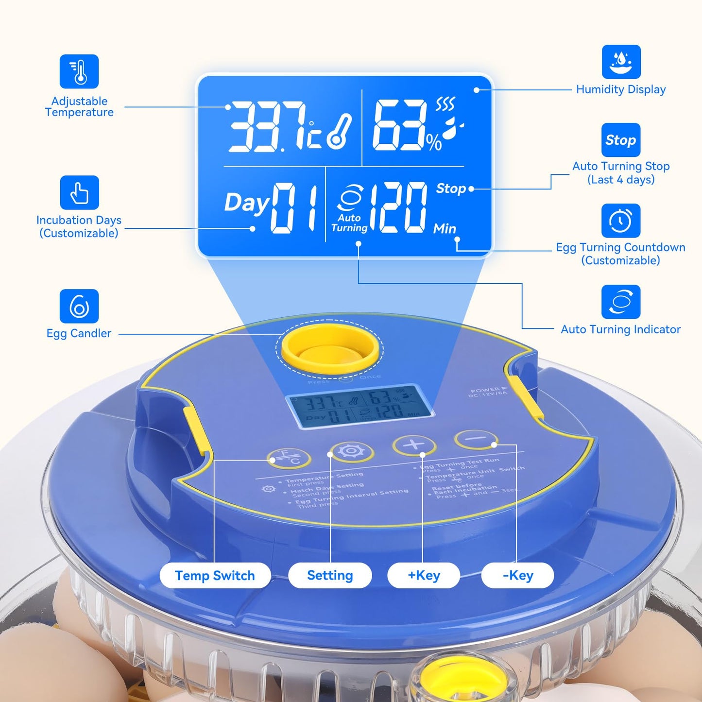 18 Egg Incubator with Automatic Egg Turning and Humidity Control, Incubators for Hatching Eggs, Chicken, Ducks, Goose, Pigeon, Quail, Parrot Incubator for Farm, Lab, Science Classroom, Home