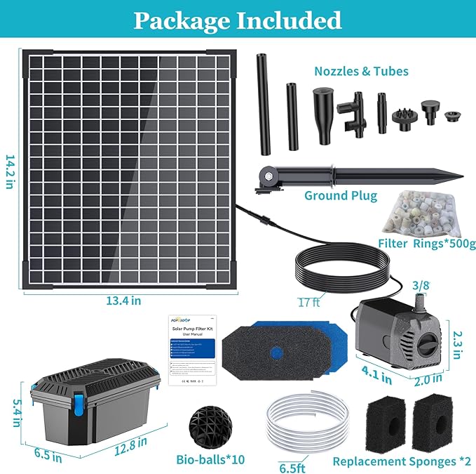 POPOSOAP 25W Solar Pond Filter with Water Pump, Solar Pond Filter Box Water Flow Adjustable, Pond Filter with PVC Tubing for Outdoor Ponds Fish Tank Pool Garden Water Feature Waterfall