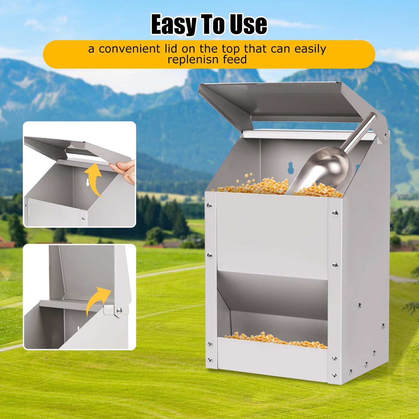 JLUHYANN Automatic Chicken Feeder 10lb Metal Poultry Feeder with Lid No Waste Duck Feeder Wall Mounted Chicken Feed Dispenser with Scoop for Chickens Ducks Goose Poultry (Small Size)