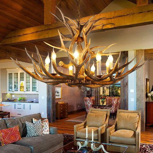 AUNLPB Antler Chandelier, Deer Horn Chandelier 8 Light, Double Layer Retro Farmhouse Antler Light Fixtures with E12 Base for Dining Room Kitchen, Cafe, Store 8-light double big