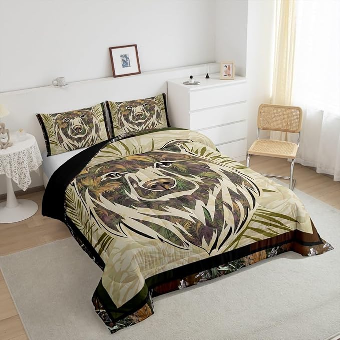 Rustic Bear Comforter Set Full Hunting Camo Bedding Set For Boys Adults Men,Camouflage Woodland Animal Bedding Comforters For Farmhouse Cabin Lodge,Nature Conifer Oak Branches Quilt 2 Pillow Cases