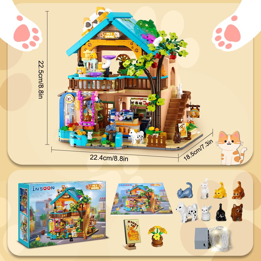 INSOON City Pet Shop Building Set with Lights, Cozy Pet House Construction Toy with Cats Dogs Rabbit, 1431 PCS Cute Animal Store Miniature Model Building Block Kit for Adults Kids Boys Girls Ages 12+