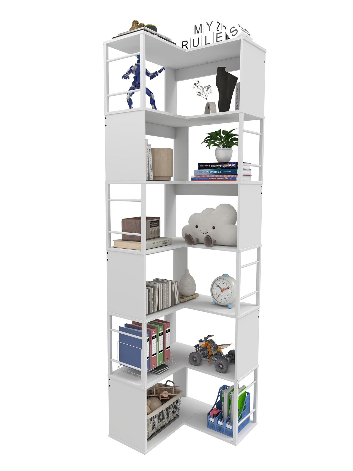 7 Tier Corner Bookshelf 74 Inches Tall Corner Bookcase Industrial L Shaped Book Shelf with Metal Frame Display Rack Storage Organize for Home Office,Living Room,Bed Room (White)