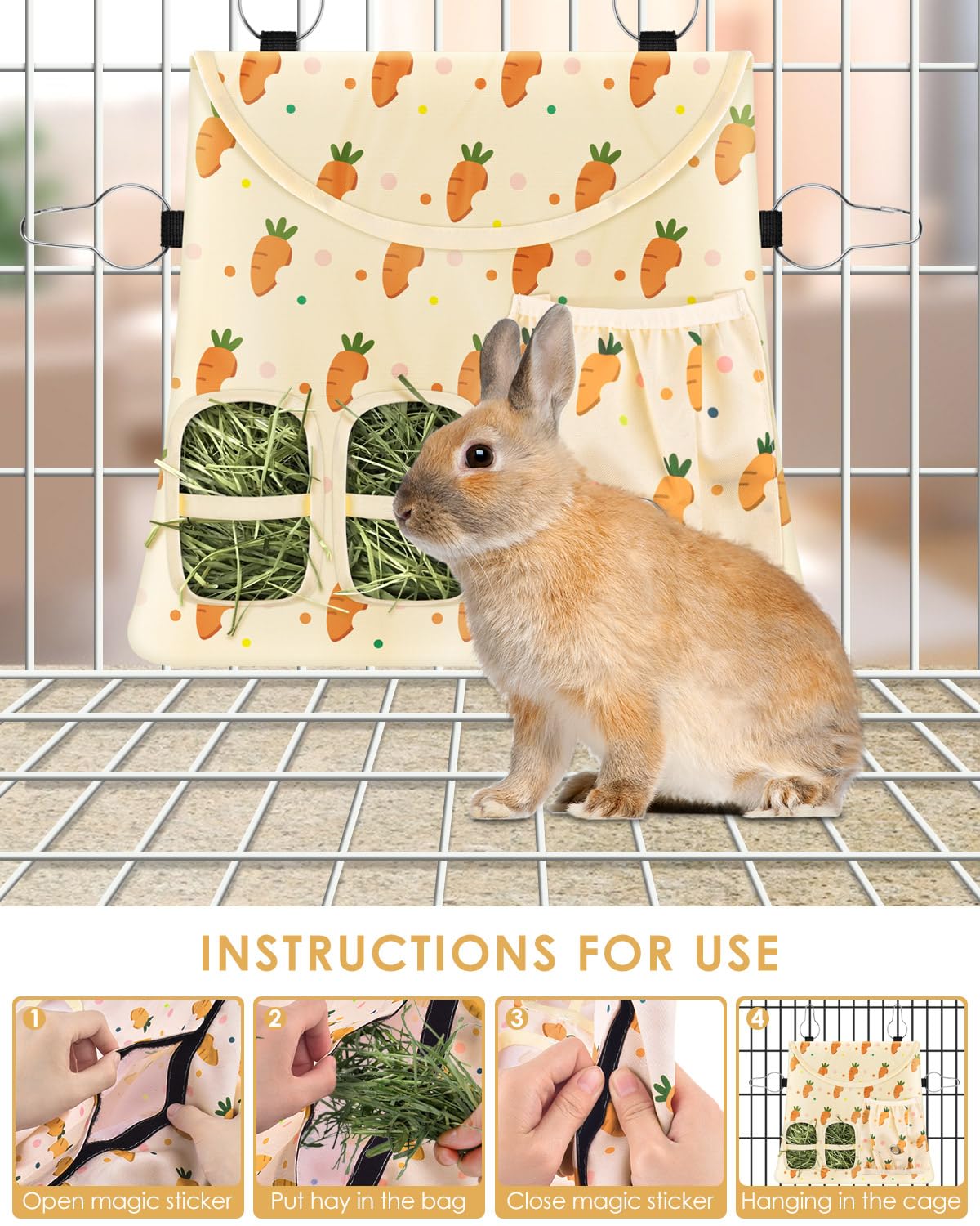 Bissap Rabbit Hay Feeder Bag, 2 Holes Hanging Hay Feeder Guinea Pig Hay Bag with Side Pocket for Rabbits Bunny Chinchillas Hamsters Rats and Other Small Pets Small Animal - Beige