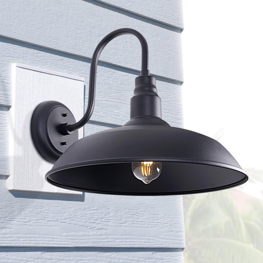 Large Black Gooseneck Barn Light for Farmhouse, 16in Dome Outdoor Wall Lights for Porch, 4 Pack Exterior Lighting Fixture with Goose Neck Arm for Front and Back Porch House Garage Door