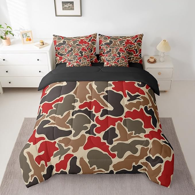 Feelyou Duck Hunter Red Camouflage Hunting 7 Pieces Bedding Set, Twin Size Black Brown All Season,Bed in a Bag with Comforter, Sheets, Pillowcases for Boys Camo Army Bed Set Breathable Wild Room Decor