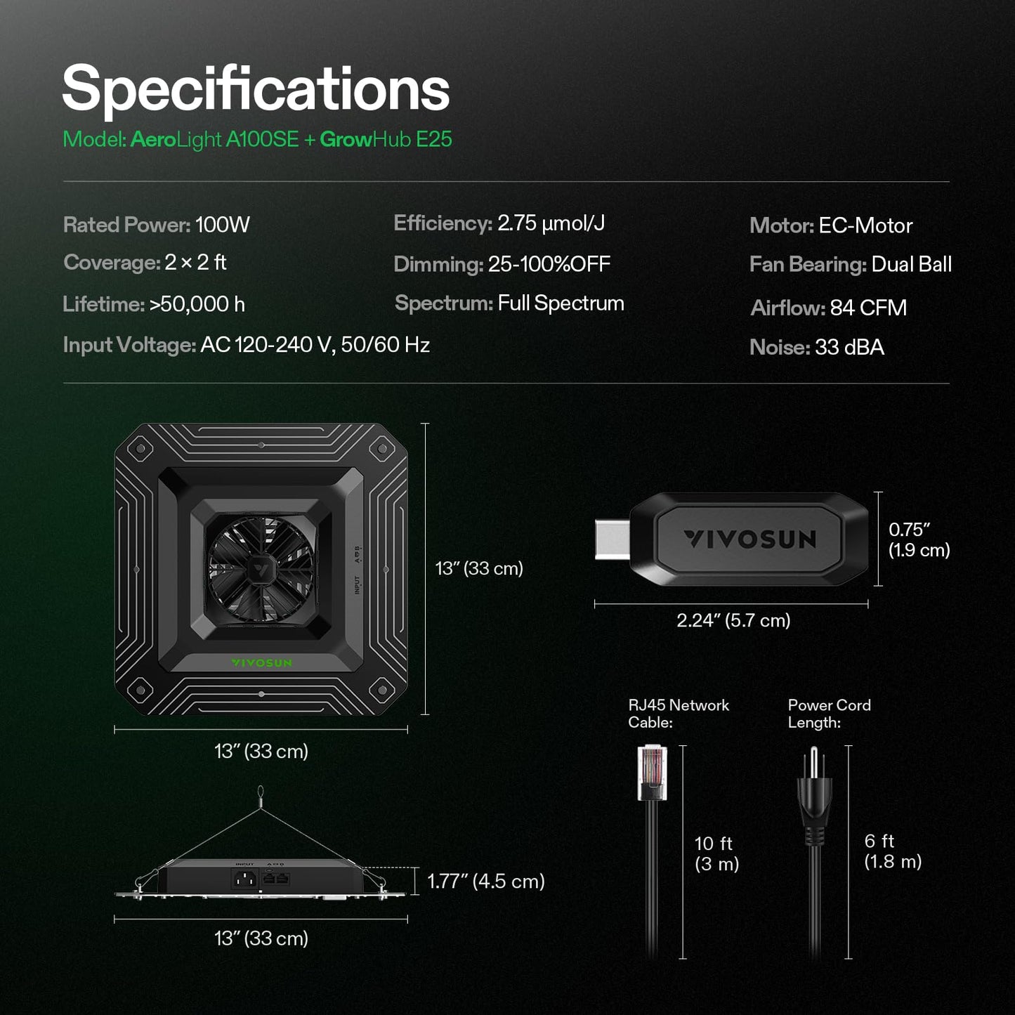 VIVOSUN AeroLight A100SE and AeroLight A100SE, LED Grow Light 100W with Integrated Circulation Fan & GrowHub Controller for 2x2/3x3 Grow TentE25, Compatible with App and E42A, 2x2/2x4 Coverage