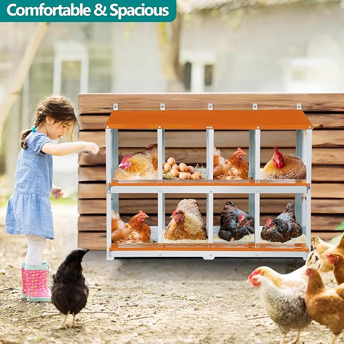 8 Compartment Chicken Nesting Box, Metal Nesting Boxes for Chicken, Indoor & Outdoor Use, Wall Mountable Laying Boxes for Hens, 42.5" L x 13.0" W x 25.0" H, Orange