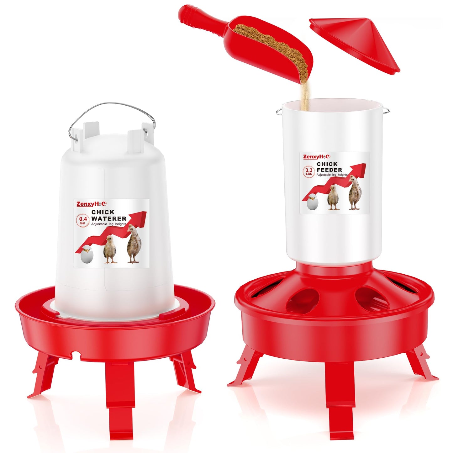 ZenxyHoC Chick Feeder and Waterer Set, Top Fill 0.4 Gal Feeder and 0.4 Gal Waterer with Scoop and 3 Adjustable Heights Legs Red