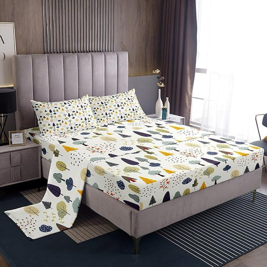 Woodland Nature Sheet Set Full,Cartoon Trees Print Bed Sheets for Kids Boys Girls,Cabin Farmhorse Bedding Set Home Room Decor,Cute Tree Mushroom Flower Fitted Sheet + Top Sheet + 2 Pillowcases