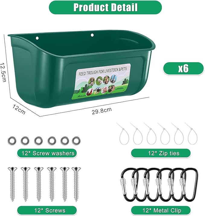 Chicken Feeder Waterer, 6 Pack Duck Feeder Supplies, Hanging Fence Feed Trough with Clips for Goat, Sheeple, Piglet, Gooses, Turkeys, Dog Livestock Poultry,Green