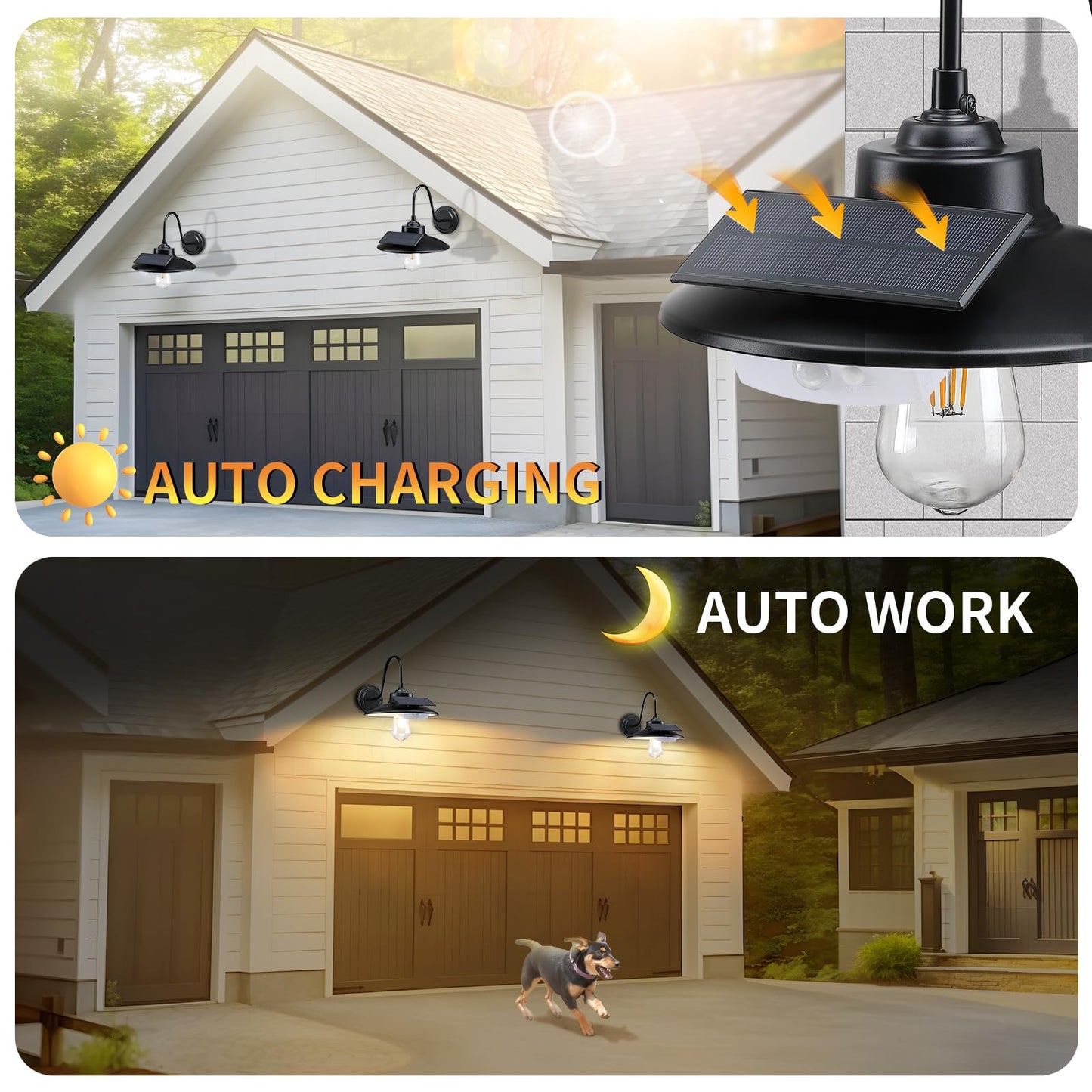 CRIRY Solar Barn Lights Outdoor with 3 Lighting Modes & Motion Sensor, Waterproof Black Farmhouse Outdoor Gooseneck Solar Lights for Barn Shed Chicken Coop Porch, 2Pack