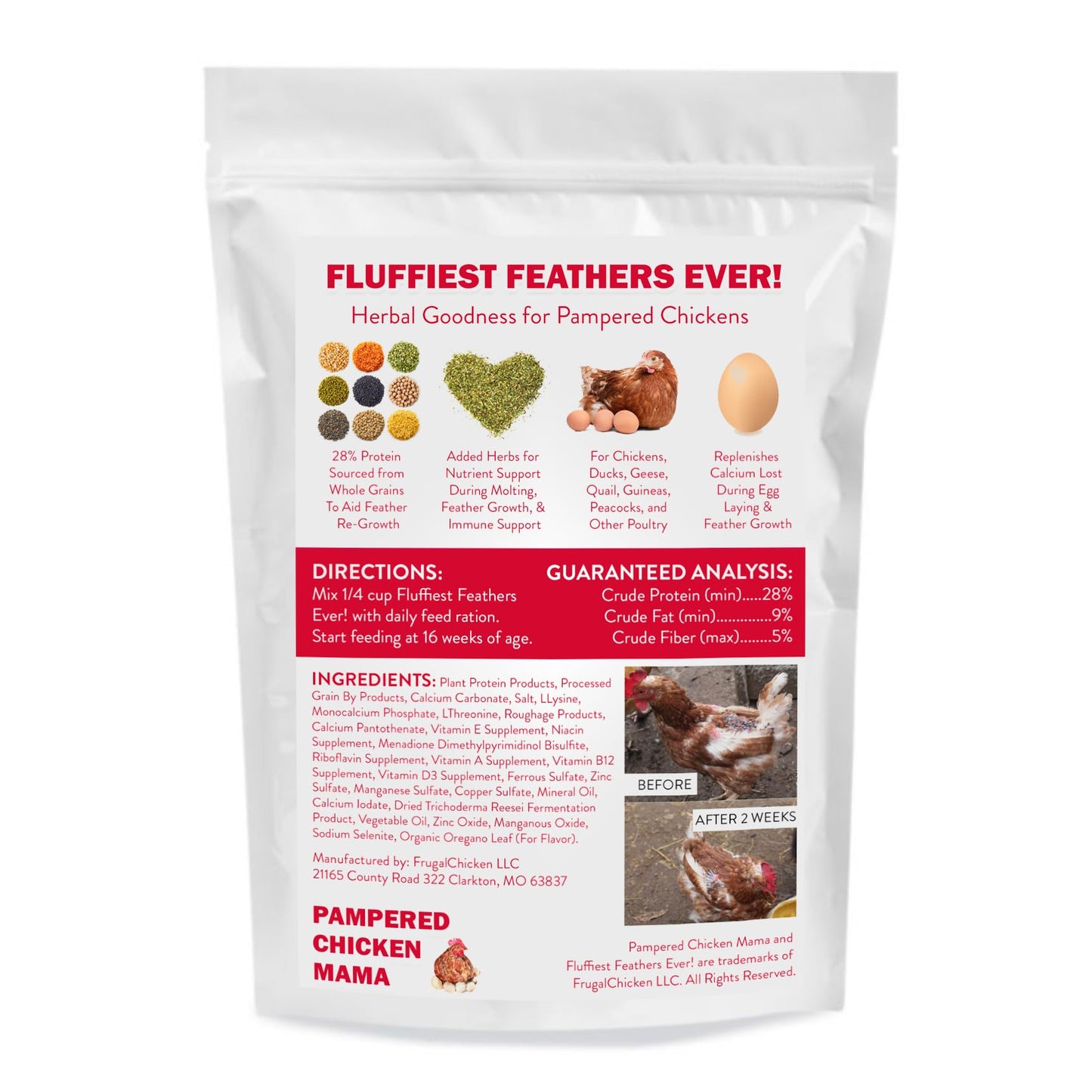 Pampered Chicken Mama Molting Supplement for Chickens: Fluffiest Feathers Ever Backyard Chicken Feed and Supplies for Hens (2 pounds)