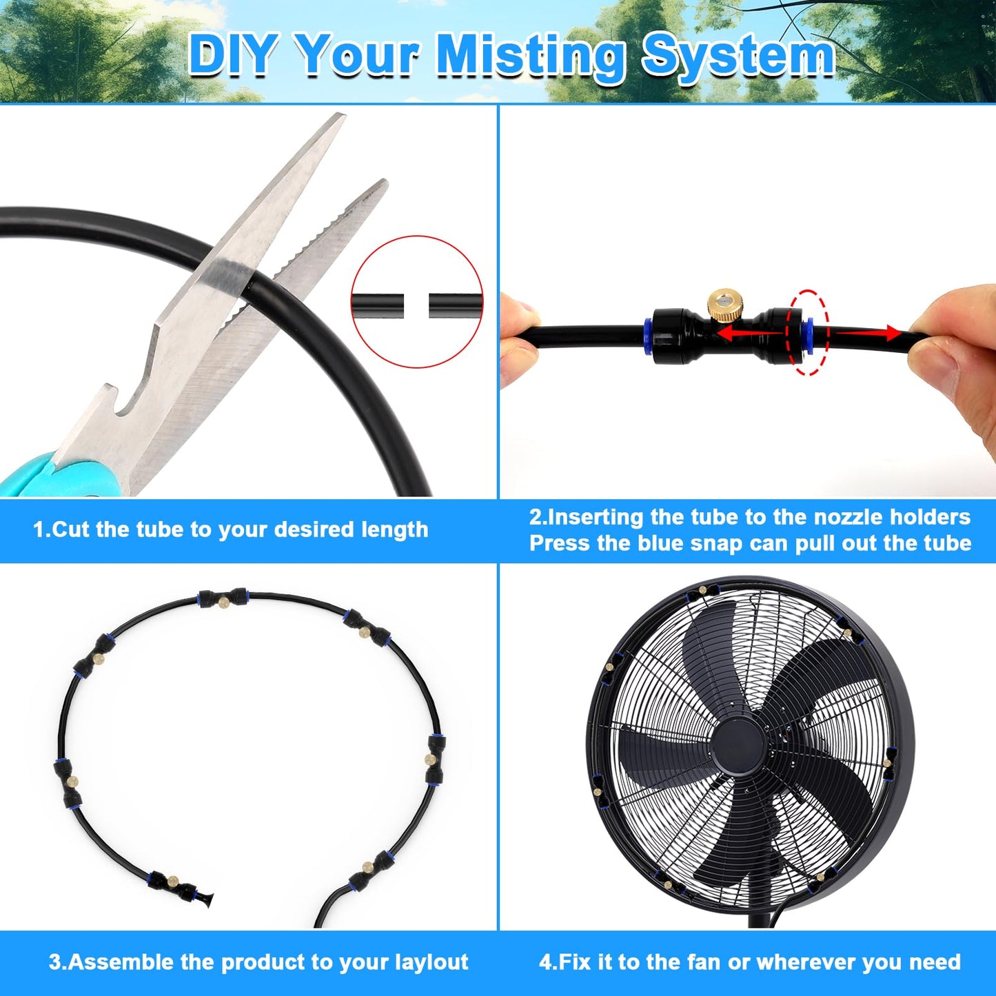 UBYNID Misters for Outside Patio, 60 FT Chicken Coop Misting Cooling System with 15 Mist Nozzles+Brass Adapter (3/4") DIY Outdoor Water Mister for Garden Trampoline Greenhouse Canopy