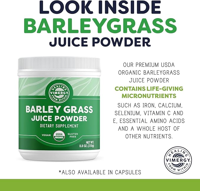 Vimergy Barley Grass Juice Powder Dietary Supplement - 0.8g per Serving (312 Servings) – Clean Superfood Formula – Promotes Cardiovascular Health* – Organic, Vegan & Gluten-Free – Regular Size 250g