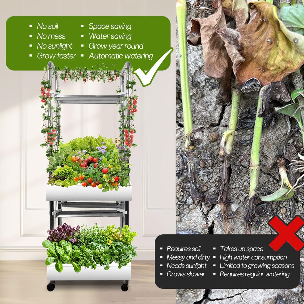 2-Tier Hydroponics Growing System for Tall & Climbing Plants, Awokabud Planters for Flowers and Plants,Indoor Herb Garden Kit with Adjustable LED Grow Light, Automatic Water Circulation-32 Pods