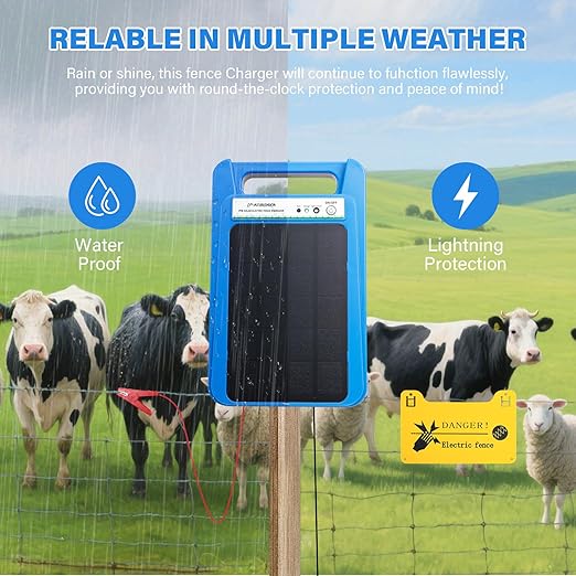 Solar Electric Fence Charger 8 kV - 0.2 Joules, 3-Mile Range, 10000mAh Lithium Battery & 3W Solar Panel - Ideal for Livestock, Pet, Poultry, Gardens, Orchards Protection