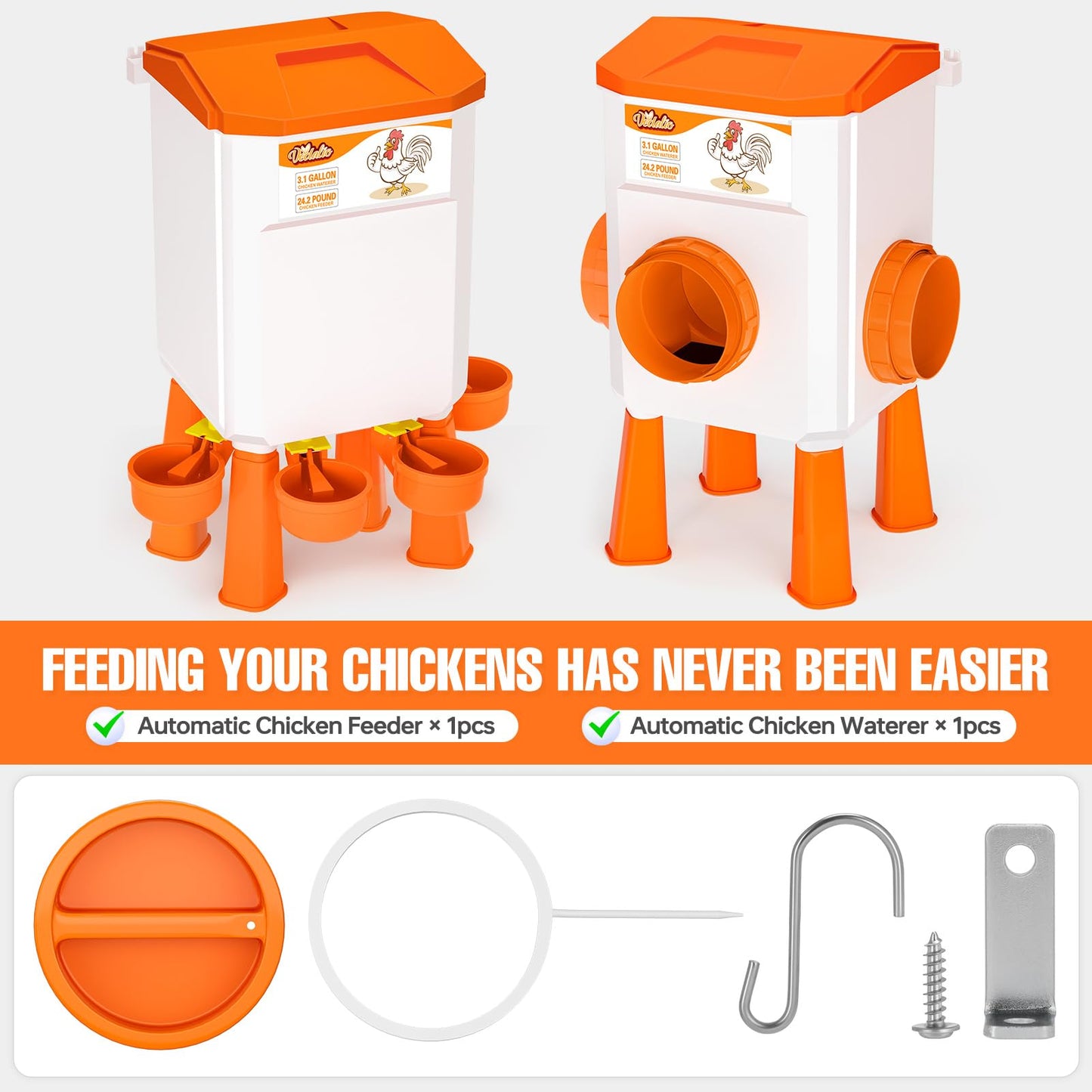 Chicken Feeder and Waterer Set, Chicken Coop Accessories, 3.1 Gallon/24.2 Pounds, Automatic Chick Feeder and Waterer Set No Waste