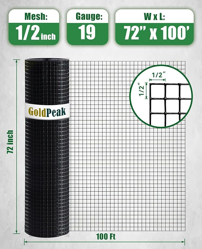 GoldPeak Black Hardware Cloth 1/2 inch 72 inch x 100 Foot 19 Gauge, Vinyl Coated Chicken Wire Mesh Roll Chicken Wire Fencing Garden Fencing Mesh Wire Fence Garden Fencing Wire Cloth