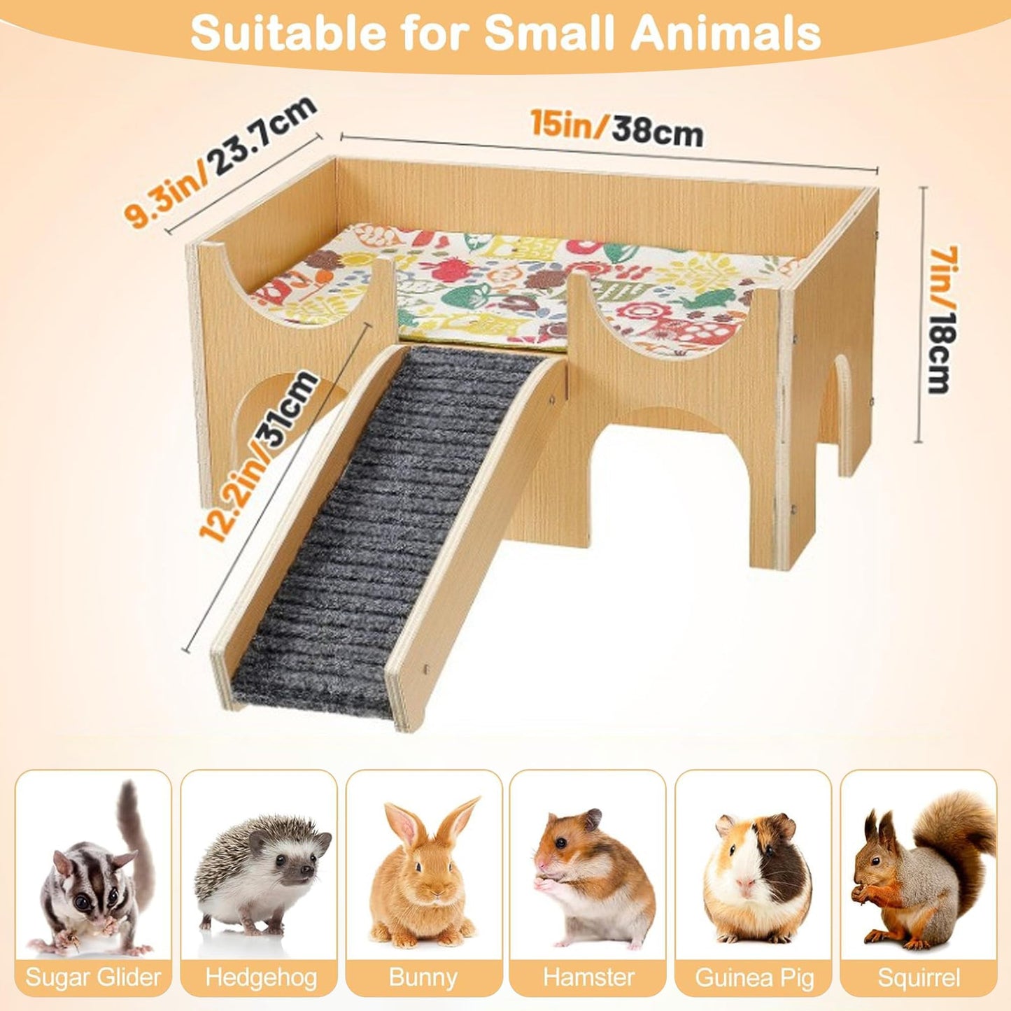 Guinea Pig Castle Hideout, Wooden Small Animal House with Stairs, Habitat Hut for Hamsters, Chinchillas, Bunny (Small)