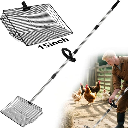 YUMEKA 15inch Chicken Poop Scooper,3-in-1 Detachable Tool (38 to 64 inches), Stainless Steel coop Scoop for Sand, Poop Shovel for Poultry Coop Accessories,Pet Manure Cleaning Tools.