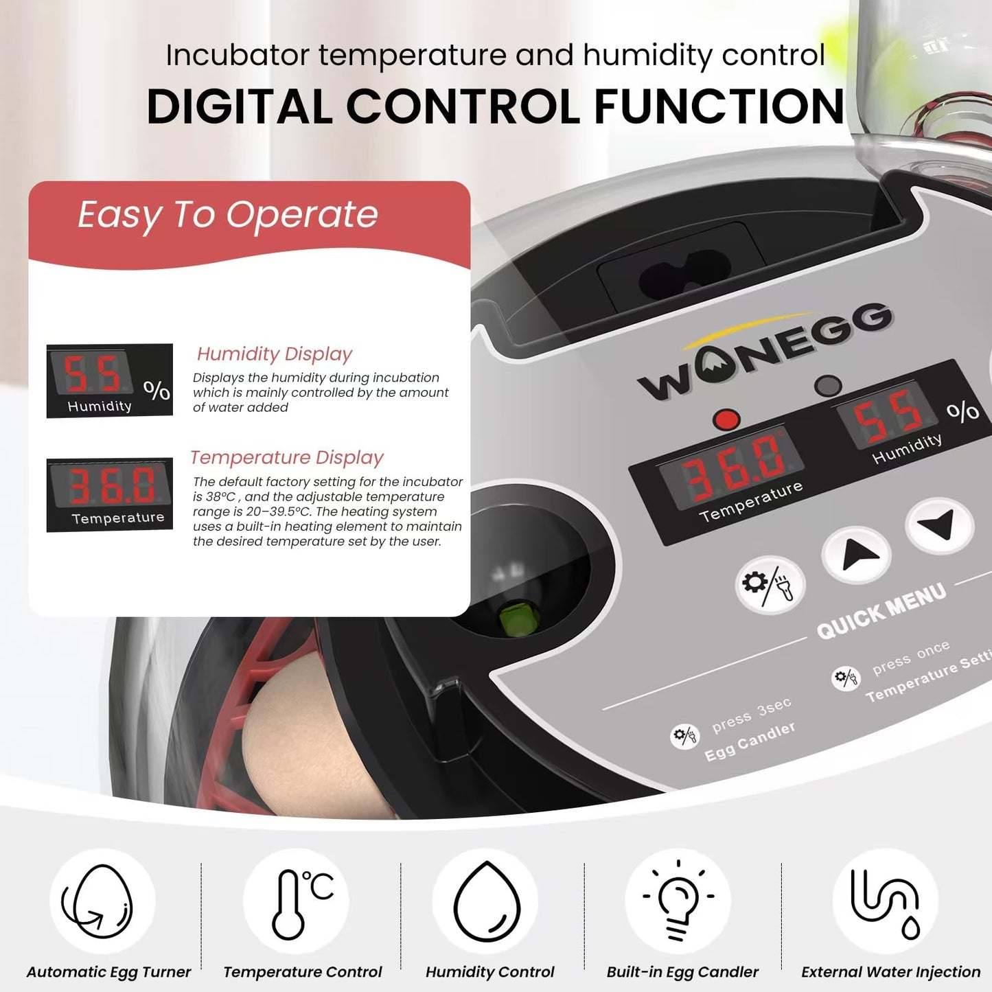 IKILEOGY 12 Egg Incubator for Hatching Chicken/Quail/Duck Eggs, Auto Turning, Digital Humidity/Temp Control, LED Candler, Auto Water Refill, 360° View (Smart Sensor)