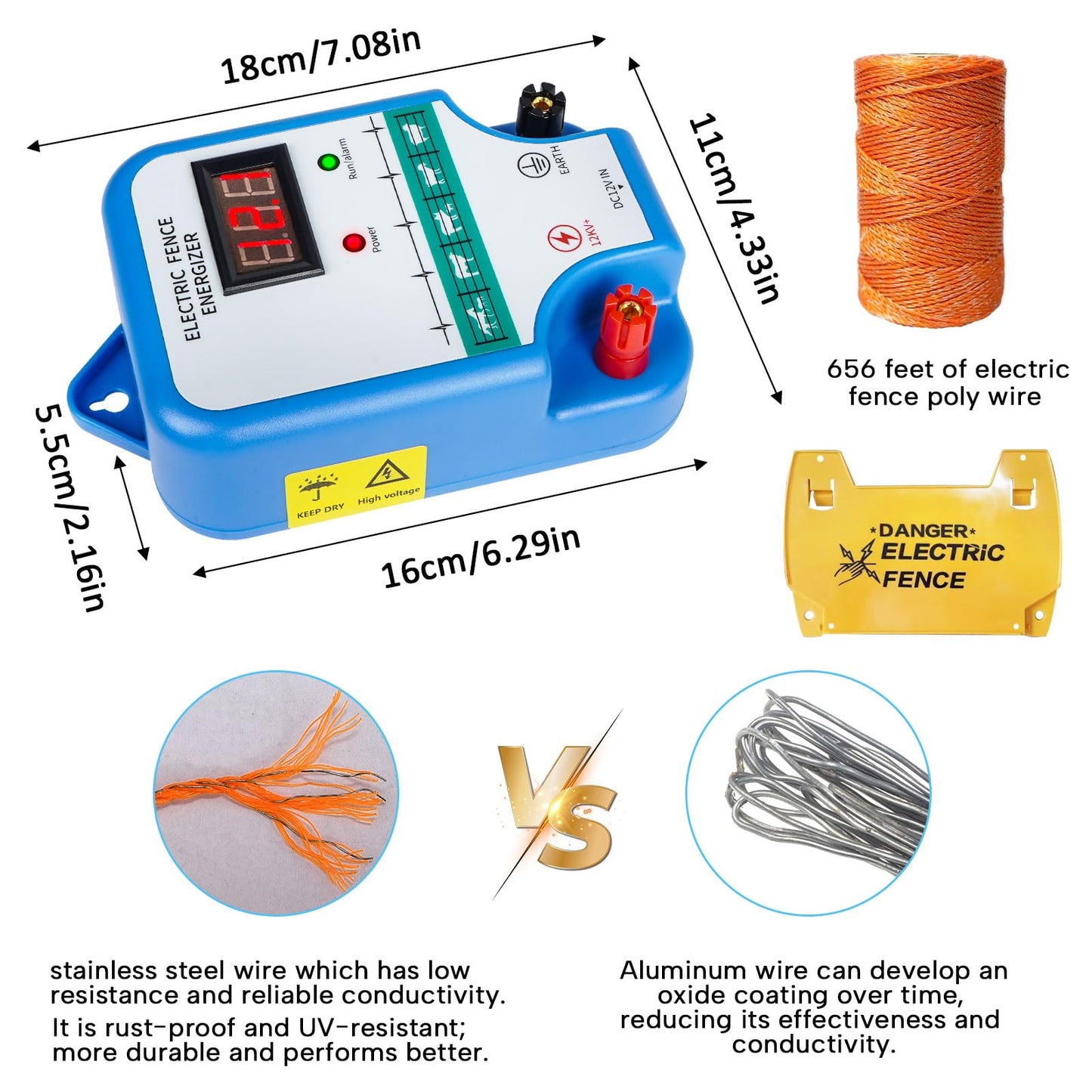 Electric Fence Charger for Livestock - 12 kV 3 Joules High-Power Electric Fence Energizer for Containing Pets Livestock and Preventing Wild Animals Intruding(7.07in)