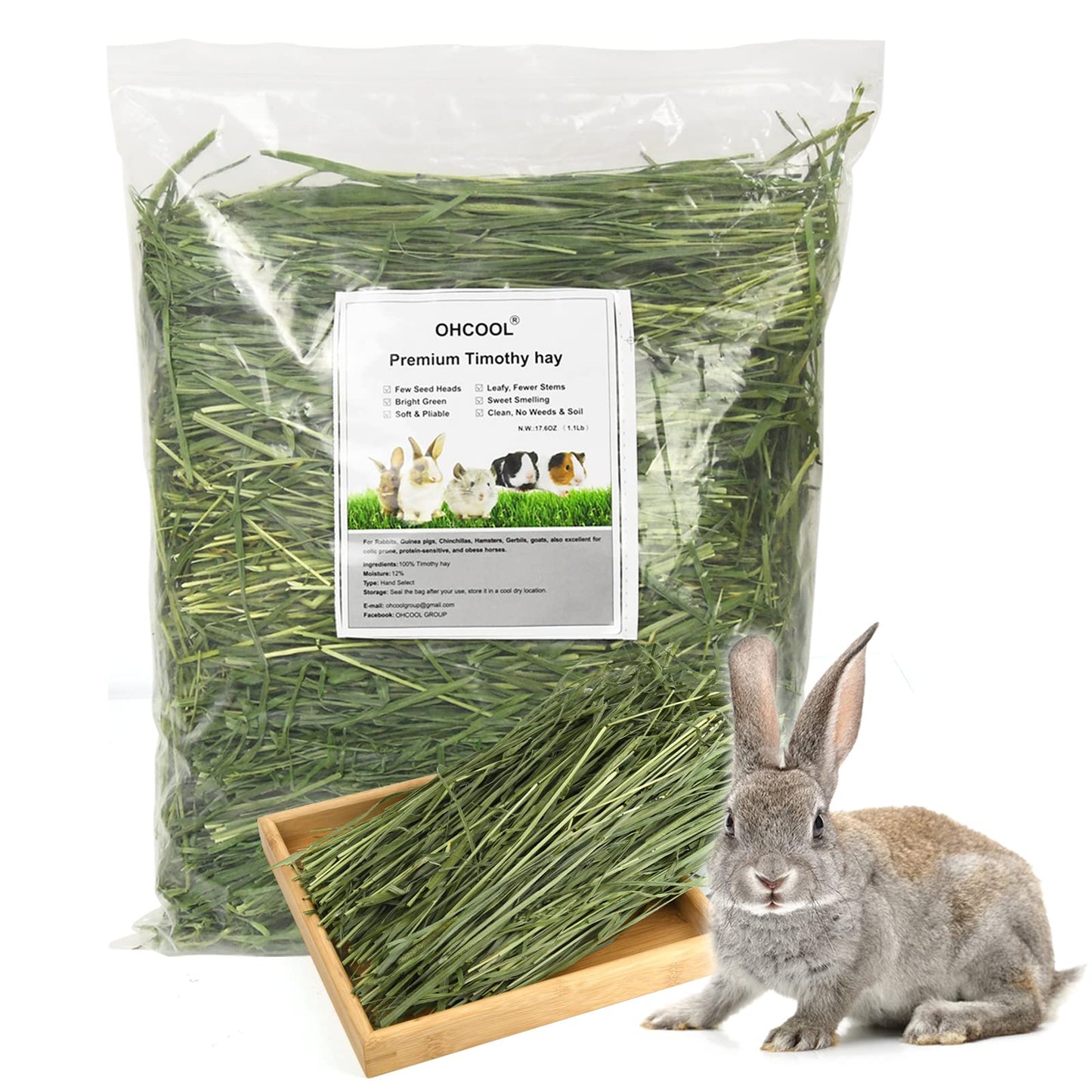 Ohcool Timothy Hay 1.1LB - Dust Free Natural Green Fresh Food Hay for Rabbits Tortoise Guinea Pig Chinchilla