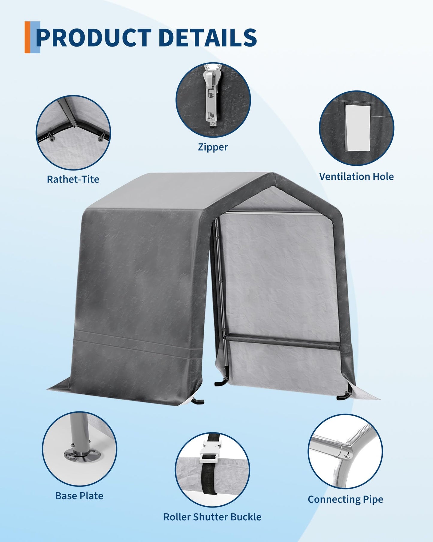 6x8FT Outdoor Portable Storage Shed with Roll-Up Door & Vent, 240G Heavy-Duty Shelter Waterproof PE Tarp, UV-Resistant Storage Sheds for Motorcycle, Firewood, Garden and Tools, Gray