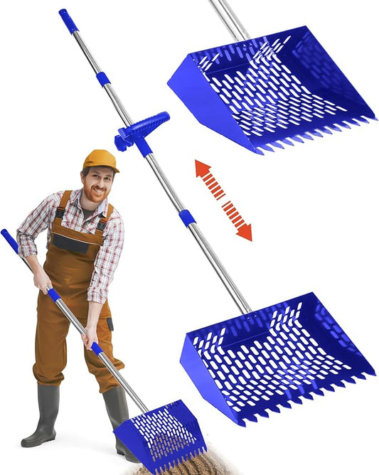 Chicken Poop Scooper & Rake - 2-in-1 Metal Chicken Coop Scoop for Sand with 22 to 62" Adjustable Handle, Litter Sifting Shovel Cleaning Tools for Chicken Run, Animal Farm, Duck Coop Blue