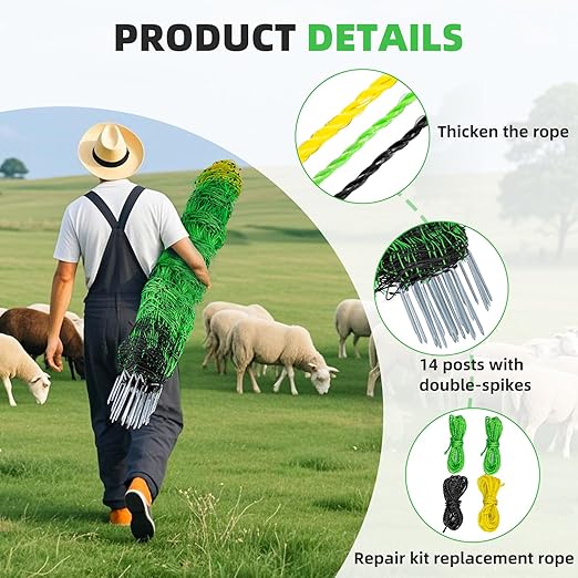 Electric Fence Netting,Livestock Neting,49.6" x 164' Portable Electric Net Fence for Goats,Sheep, Lambs,Hogs in Backyards,Farms,Ranches,Homesteads and Gardens,(14 Posts, 2 Spikes,Green)