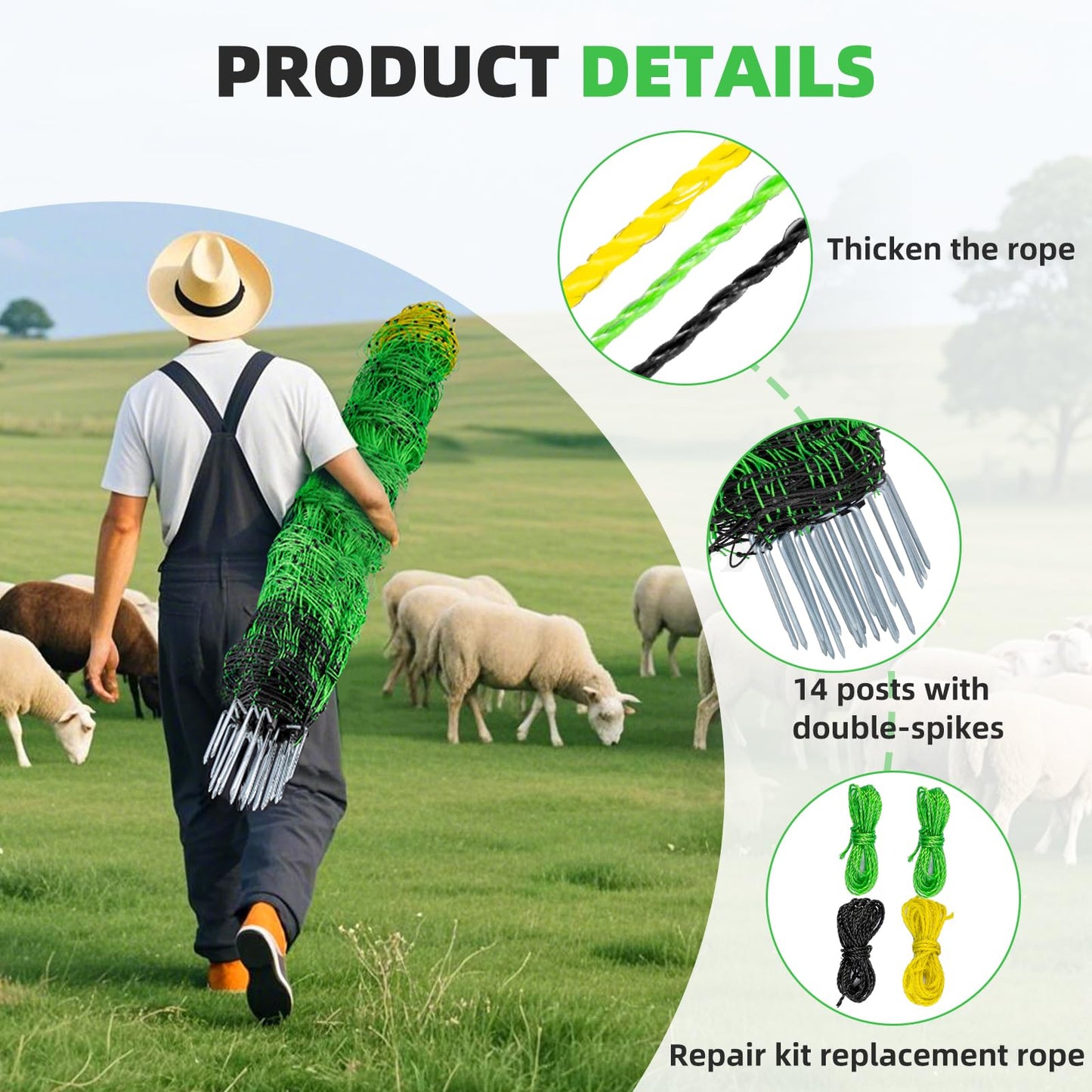 LMRSTOO Electric Fence Netting,Livestock Neting,49.6" x 164' Portable Electric Net Fence for Goats,Sheep, Lambs,Hogs in Backyards,Farms,Ranches,Homesteads and Gardens,(14 Posts, 2 Spikes,Green)