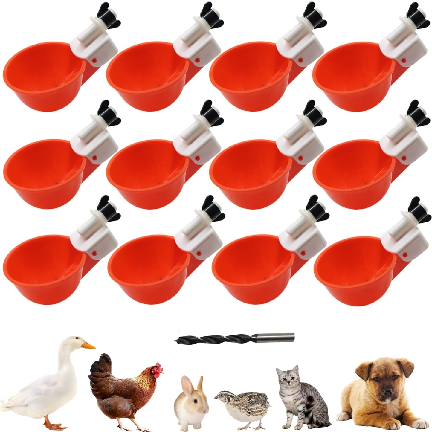 Chicken Waterer Cups, 12 Packs Poultry Water Feeder with Drill, Large Poultry Waterer Automatic Waterer for Chicken Coop, Duck, Chicks, Goose, Turkey, Bunny, Bird (Red, 12 Pack)