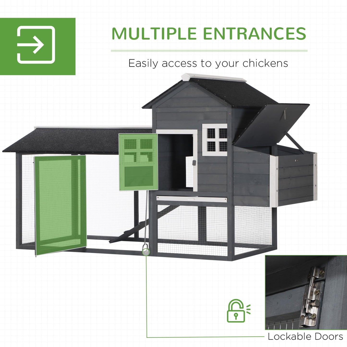 PawHut 84" Wooden Chicken Coop, Hen House Outdoor with Run Nesting Box, Asphalt Roof, Removable Tray, Ramp, Poultry Cage for 2-3 Chickens, Gray