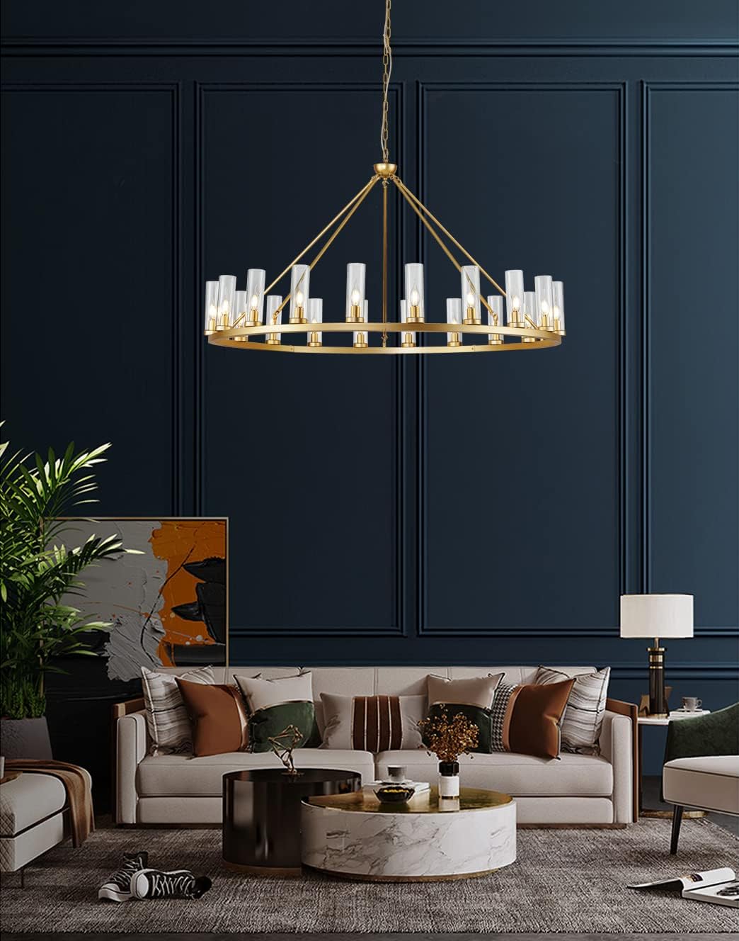 Uboxin D52 Large Gold Wagon Wheel Chandelier 20 Light with Clean Glass, Farmhouse Vintage Industrial Country Style Round Pendant Light Fixture for Stair Living Room(52in-20 Light)