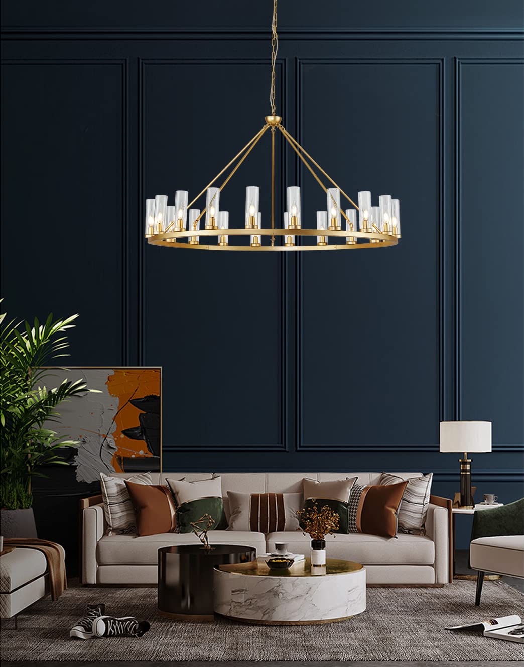 Uboxin D52 Large Gold Wagon Wheel Chandelier 20 Light with Clean Glass, Farmhouse Vintage Industrial Country Style Round Pendant Light Fixture for Stair Living Room(52in-20 Light)