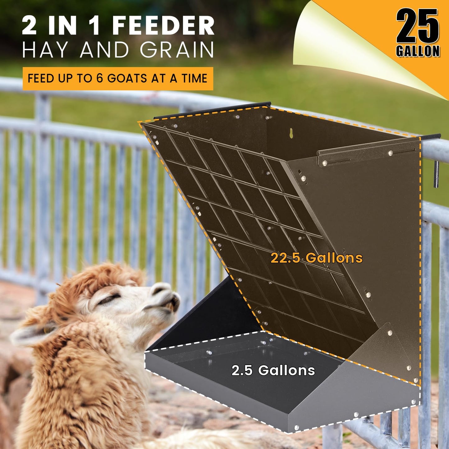 PAUQRWIE Hay Feeder for Goats 25 Gallon Horse Hay Rack Wall Mount 2 in 1 Hay and Grain Feeder Metal Livestock Mineral Feeders for Sheep Nigerian Dwarf Goats, Hanging, Adjustable