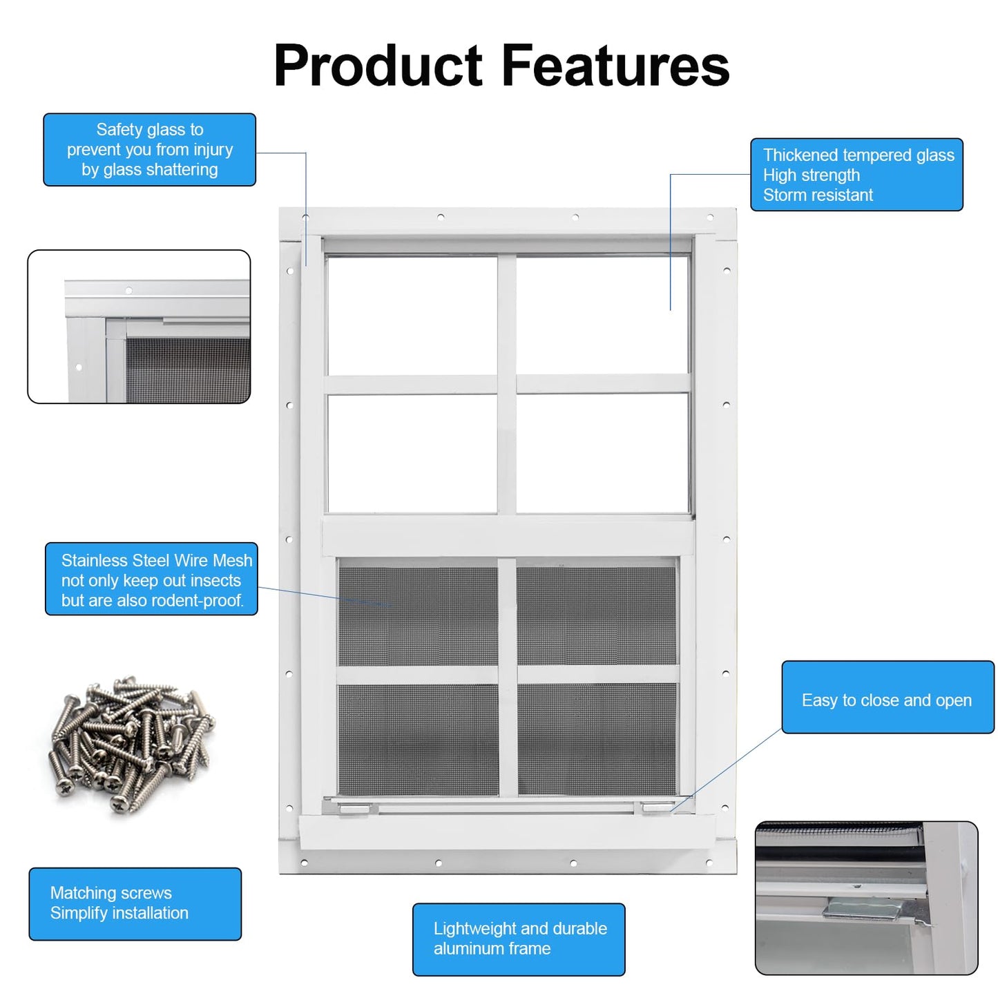 NeatiEase Upgraded Shed Windows 2 Pack, 24" x 36" Windows with Tempered Glass and Stainless Steel Screen for Shed, Chicken Coop, Playhouse, Household, Garage(White)