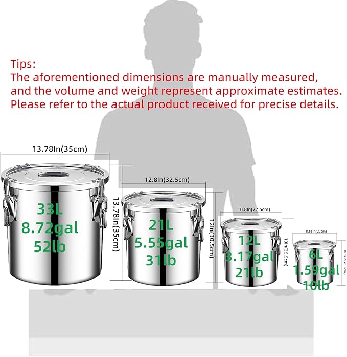 304 stainless steel food storage containers with lids lock clips airtight container large airtight for rice flour sugar grain coffee bean storage containers Kitchen jar (8.72gal/33L)