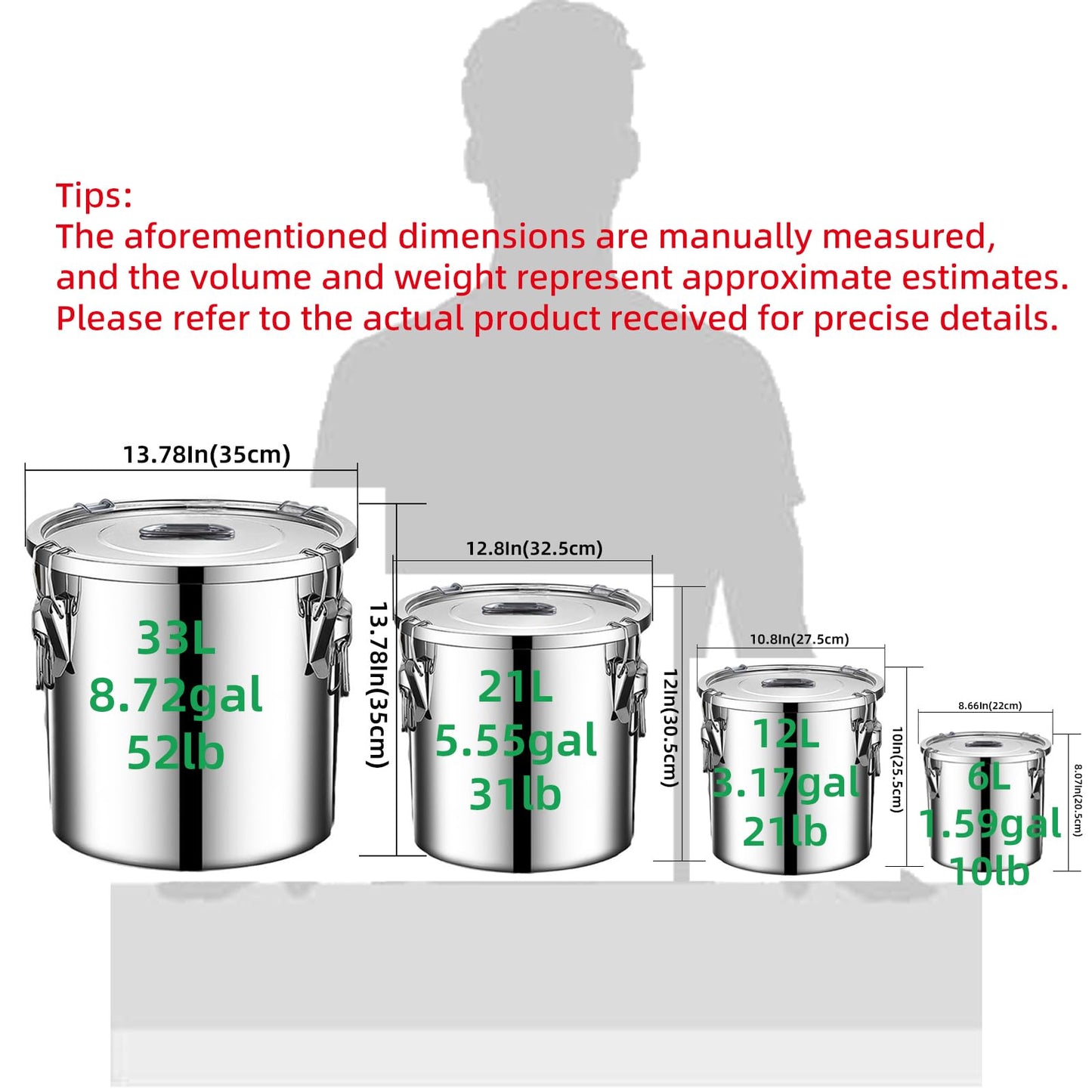 Verdeho 304 stainless steel food storage containers with lids lock clips airtight container large airtight for rice flour sugar grain coffee bean storage containers Kitchen jar (5.55gal/21L)