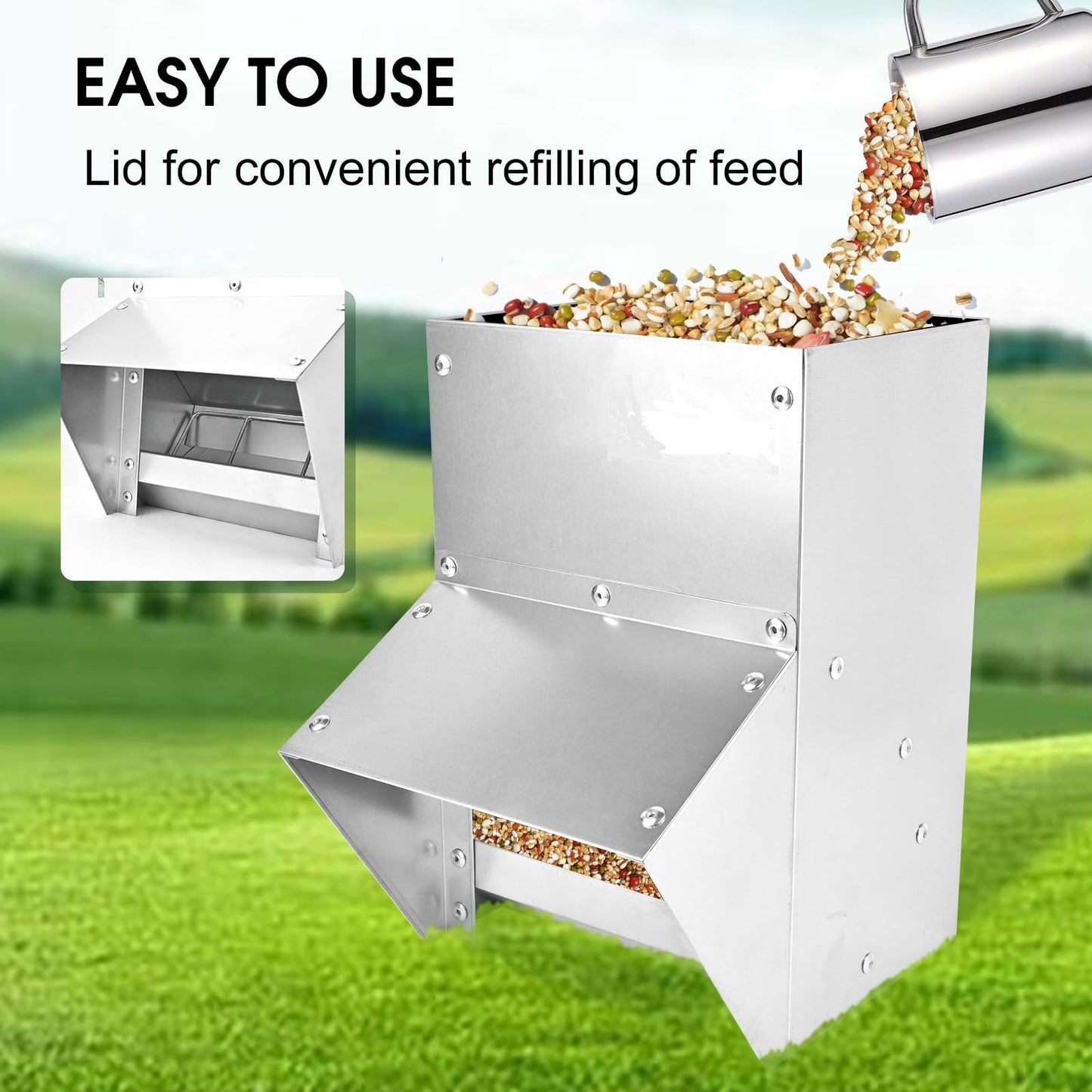shengyi 11.5-55lbs Galvanized Chicken Feeder - Rat Proof Poultry Feeder with Lid Weatherproof Outdoor Coop Food Dispenser (11.5lbs 8.3x6.3x12.9in)
