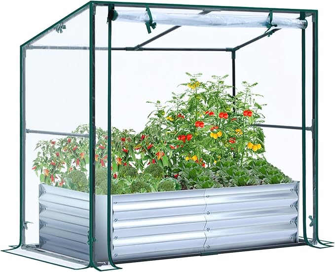Ohuhu Raised Garden Bed with Greenhouse, 4x2x1 FT Galvanized Metal Planter Box with PVC Cover, Protects Plants from Frost Birds Insects, 3-in-1 Gardening Set for Vegetable Flower Herb Succulent